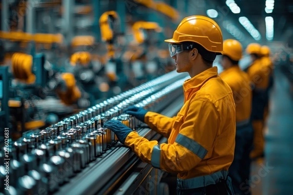 Obraz Workers in orange uniforms monitoring production line in factory during daytime operations