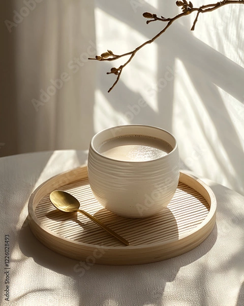 Fototapeta Warm beverage in a textured mug, resting on a bamboo tray. Sunlight streams through a nearby window.