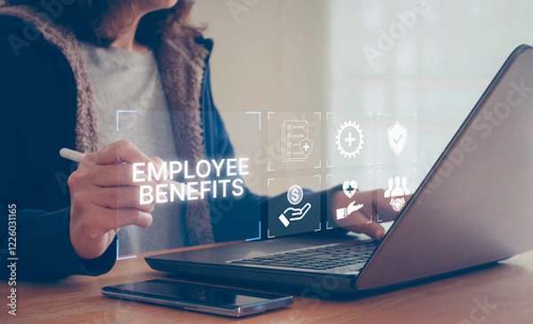 Fototapeta Businesswoman presents employee benefits options on a digital interface. Employee benefits and compensation strategy concept. Icons various benefits such as healthcare, insurance, and financial perks.
