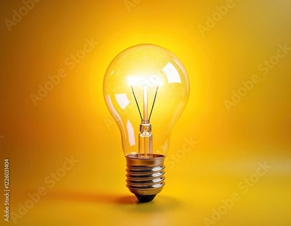 Fototapeta Single glowing light bulb stands on yellow background. Simple minimal design. Bright light source creates warm glow, inspires innovative ideas. Modern concept design for creativity, innovation.