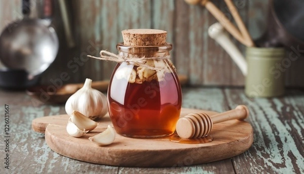 Fototapeta Rustic kitchen with garlic-infused honey jar and fresh garlic cloves on a wooden board