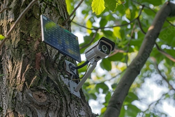 Fototapeta Solar-powered security camera mounted on a tree, recording footage in a lush environment