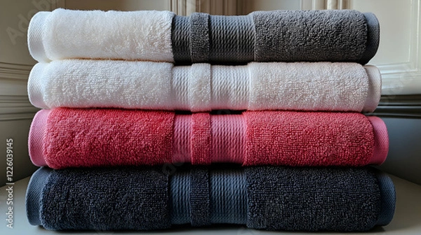 Fototapeta Stacked bath towels, various colors, bathroom setting, home decor, e-commerce