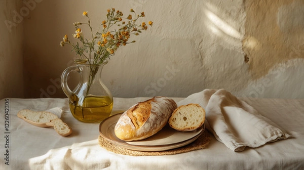 Obraz A rustic dining table set for one: handmade pottery plate with artisan bread, olive oil in a glass cruet, dried wildflowers in a vase, textured linen placemat -
