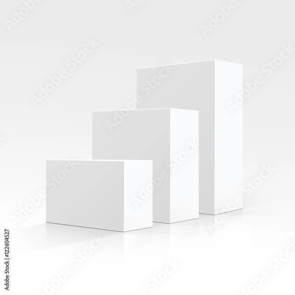 Fototapeta Set of Blank White Carton boxes of different sizes and shapes in Perspective Isolated on White Background