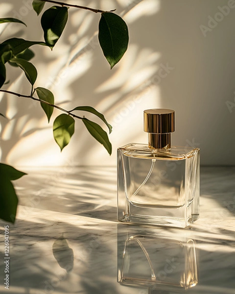 Fototapeta A glass perfume bottle with a gold cap sits on a marble surface, bathed in sunlight and dappled shadows from nearby leaves.