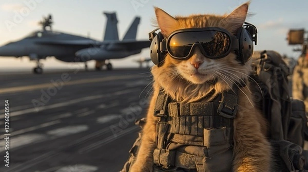 Obraz Top Gun Tomcat: A ginger cat in full military gear on an aircraft carrier deck, with a fighter jet in the background.