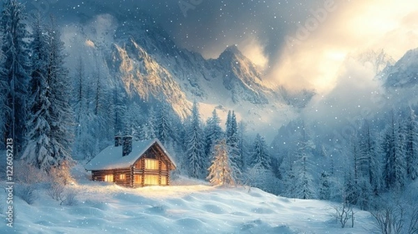 Fototapeta Cozy Cabin In Snowy Mountain Landscape
