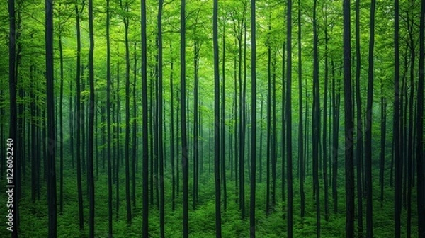 Fototapeta Lush Green Forest with Tall Trees Under a Misty Atmosphere
