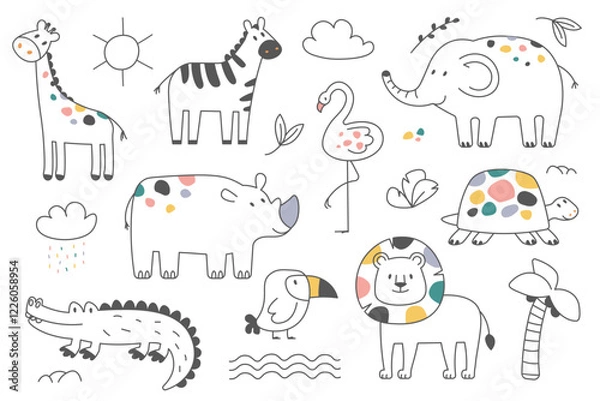 Fototapeta Cute exotic african animals characters outline hand drawn doodle design safari wildlife set