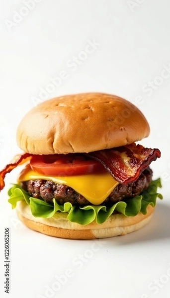 Fototapeta Juicy burger, melted cheese, crispy bacon White background , cuisine, sauce