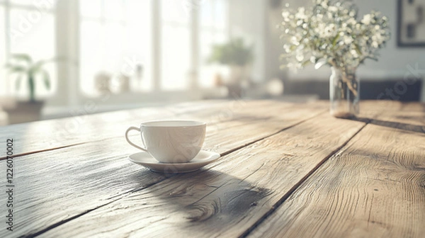 Fototapeta A serene morning scene featuring a white cup of coffee on a rustic wooden table with natural light