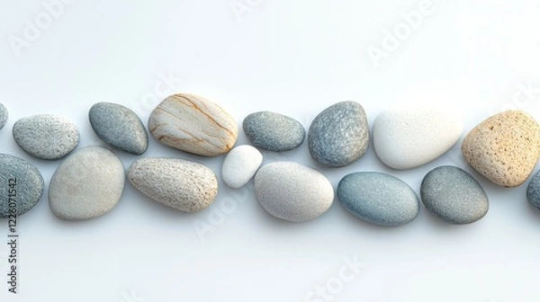 Fototapeta Smooth stones arranged in a horizontal row on a white background