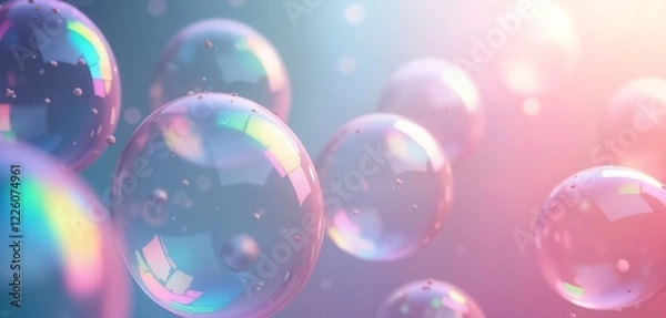 Fototapeta Abstract illustration of multiple colorful soap bubbles in mid-air. Soft pastel colors, light create dreamy, playful atmosphere. Bubbles appear transparent, shiny with iridescent rainbow reflections.