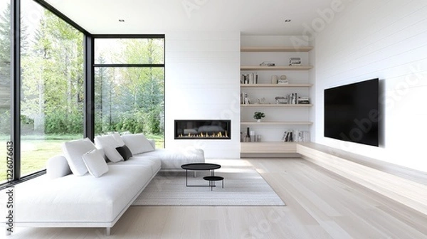 Obraz Modern living room with fireplace, large windows overlooking garden