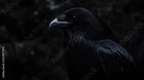 Fototapeta Close-up of majestic raven with glossy black feathers in dark setting