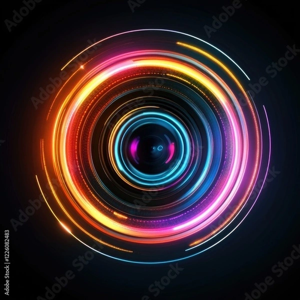 Obraz Abstract vibrant neon circles glowing in dark background.