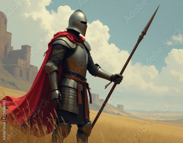 Obraz Knight With Spear Stands Strong Against Vast Desert Landscape

