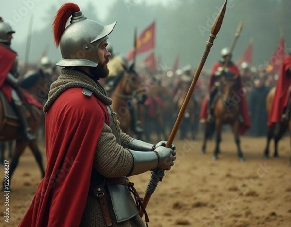 Obraz Medieval Warrior In Armor Holding A Spear Amidst Soldiers And Colorful Flags On A Battlefield.
