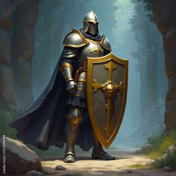 Obraz Armored Knight Standing Strong With Shield In Forest

