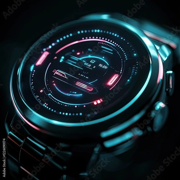 Fototapeta Futuristic smartwatch with glowing neon interface.