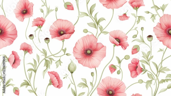 Fototapeta Floral pattern featuring pink poppy flowers and green leaves on white background, creating fresh and vibrant design. Perfect for textiles and home decor