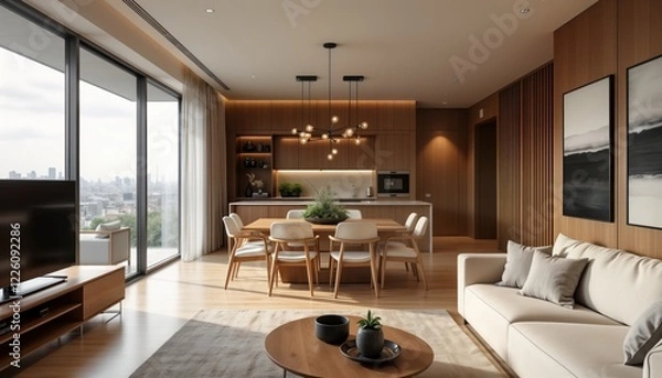 Obraz Stylish modern beige dining room with wooden furniture. Light interior design. Empty dining area with large wooden table, chairs. View of city from large windows. Modern decor, elegant style. Cozy,