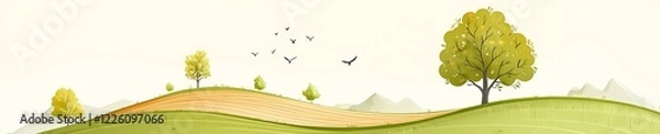 Fototapeta Serene Landscape with Trees and Birds in Soft Colors
