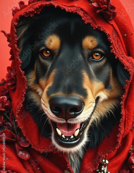 Fototapeta Cheerful Dog Dressed In A Red Hood With Floral Accents Smiling Brightly Against A Red Backdrop