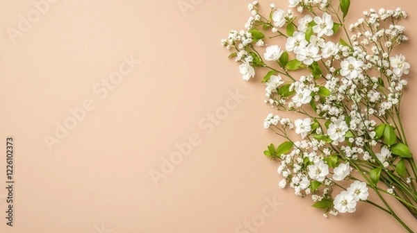Fototapeta Spring flowers on peach background, copy space, flatlay.  Perfect for greeting cards