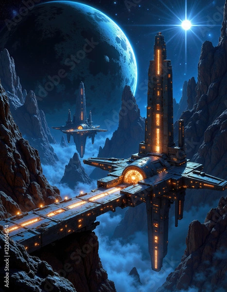 Obraz Futuristic Space Station On Otherworldly Planet Surrounded By Majestic Rocky Landscape