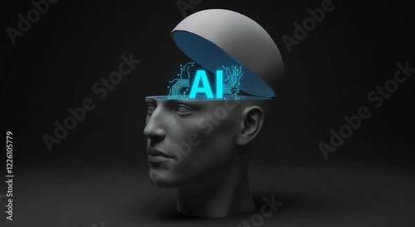 Fototapeta A visual representation of artificial intelligence depicted through an open human head with glowing AI letters, symbolizing innovation, technology, and futuristic concepts.

