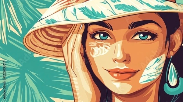 Fototapeta Vibrant portrait of a woman in tropical setting.