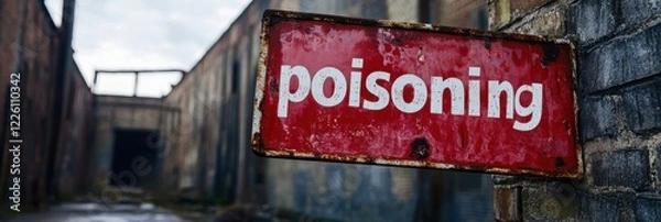 Fototapeta Rusty red sign warning of possible poisoning in a neglected, abandoned industrial building, creating an eerie and forewarning atmosphere in the empty alleyway