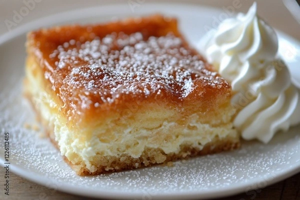 Fototapeta Delicious slice of creamy dessert on a plate with whipped cream, set on a wooden table background