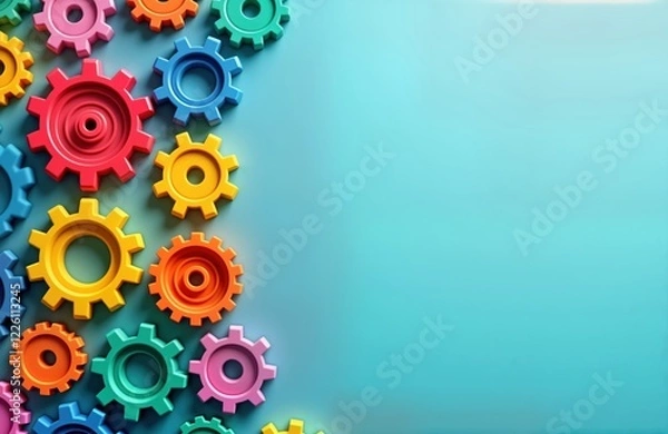 Fototapeta Colorful gears arranged on smooth light blue surface. Bright vibrant colors create visual representation of automation, tech solutions. Design suggests productivity, innovation. Creative layout of
