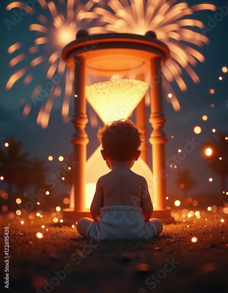 Obraz Child Sitting In Awe Before An Illuminated Hourglass At Night Baby New Year
