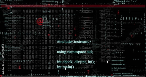 Fototapeta Image of layers of text and binary data processing on black background