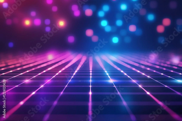 Fototapeta Vibrant abstract background with glowing grid lines and colorful bokeh lights, ideal for digital designs