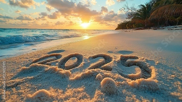 Fototapeta Tropical Beach Sunrise With Two Thousand Twenty Five Written In Sand