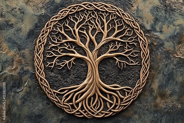 Fototapeta This image features a detailed tree of life with intertwining branches and roots encircled by an elaborate Celtic-style border, symbolizing growth and connection.
