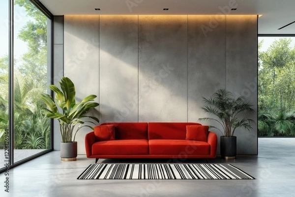 Fototapeta Modern living room design featuring a red sofa and minimal decor in a bright, airy space with a striped rug and greenery