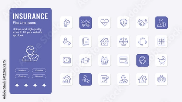 Obraz Insurance elements - minimal thin line web icon set. Outline icons collection. Simple vector illustration