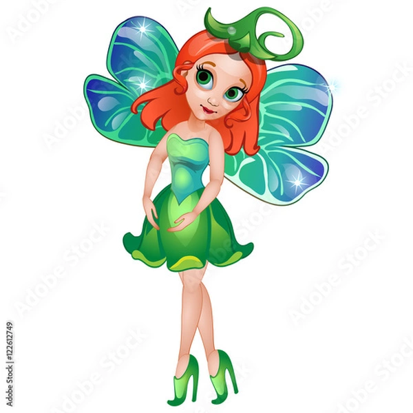 Obraz Fairy with wings in green dress. Vector