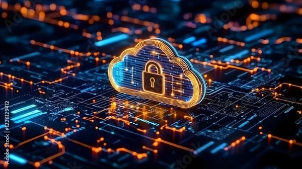 Fototapeta A modern representation of cybersecurity with a luminous cloud icon and a padlock in the middle highlighted by vibrant orange and blue lights intricate circuits and digital data effects all on a dark