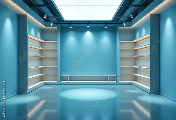 Fototapeta Modern minimalist blue retail space with shelves and display
