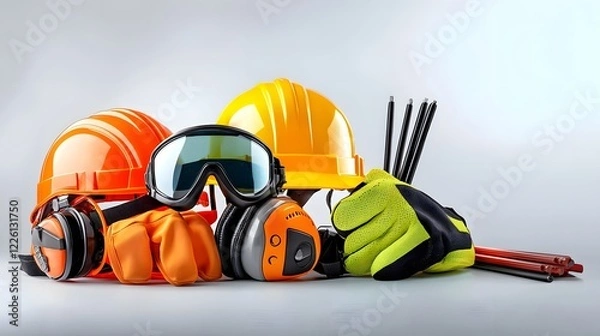 Fototapeta Arrangement of essential work safety equipment including helmets gloves and safety glasses displayed on a clean grey background