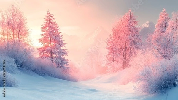 Obraz Pink sunrise over snowy mountain forest; winter wonderland landscape; peaceful nature scene; ideal for travel brochures