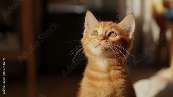 Fototapeta Adorable Ginger Kitten Gazing Upwards in Sunlit Room