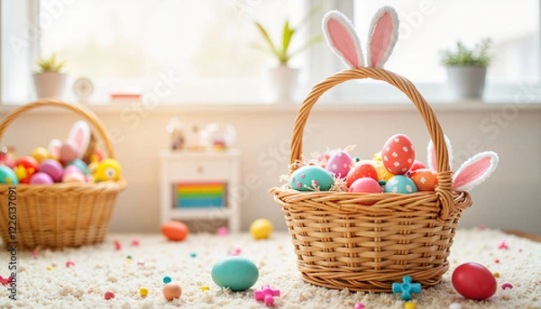 Fototapeta Colorful Easter baskets filled with crafts in bright playroom, joyful celebration